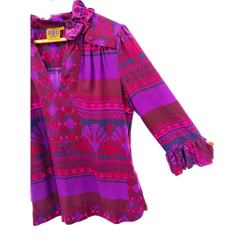 Tory Burch Purple Silk Ruffle Tunic Blouse Geometric Print‎ 3/4 Sleeve Size 8